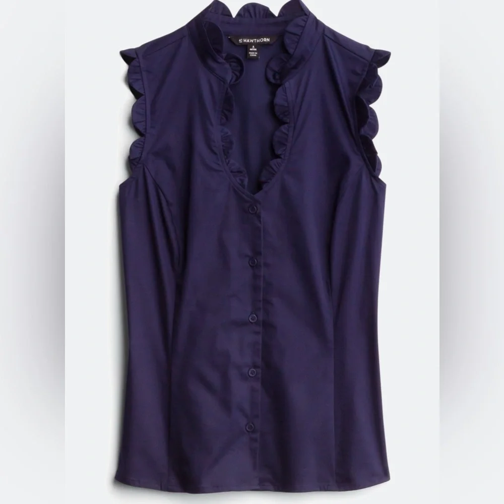 41 Hawthorne Camilla Scalloped Detail Blouse, Navy - Picture 1 of 7